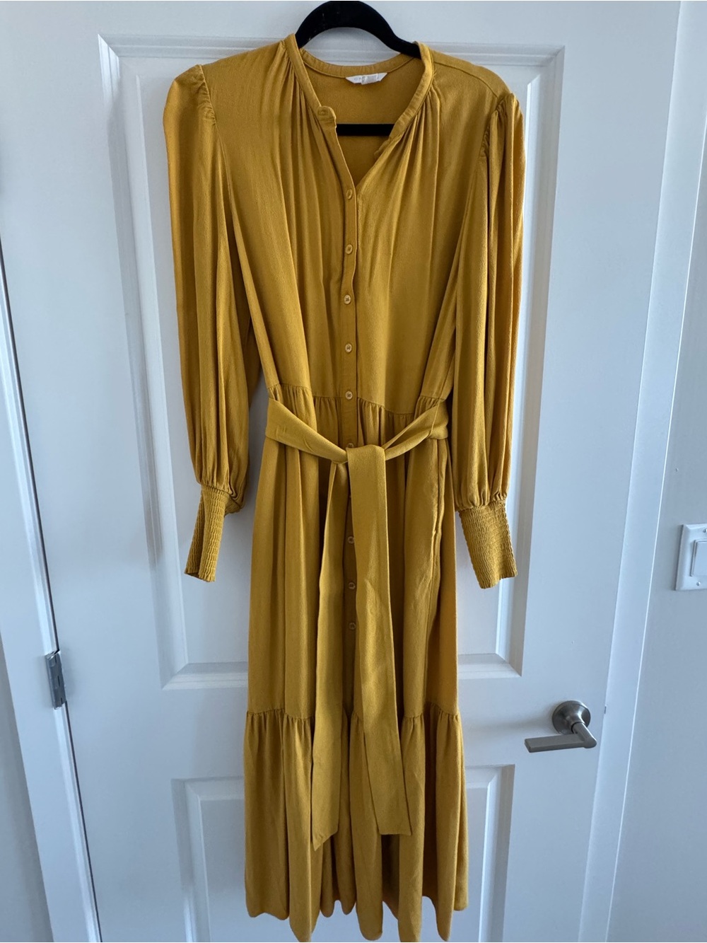 Long-Sleeve Mustard Maxi Dress with Waist Tie